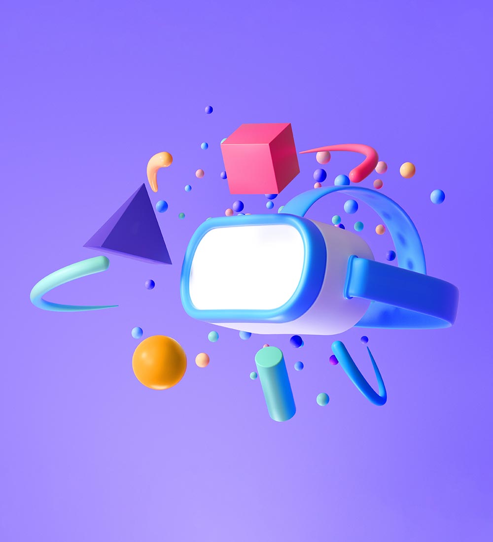 Rendered image of VR glasses in the middle of colourful floating shapes